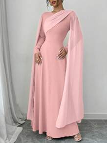 Elenzga 女士优雅魅力派对礼服，长袖圆领，腰部网纱披肩，纯色长裙 - 粉色 - 查看 3