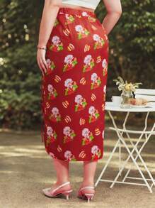 Strawberry Shortcake X SHEIN Plus Size Y2k Cute Strawberry Cake Print Drawstring Side Skirt - Red - View 2