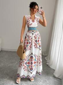 Elenzga Women's V-Neck Cinched Waist Flared Hem Casual Vacation Print Sleeveless Dress - Multicolor - View 1