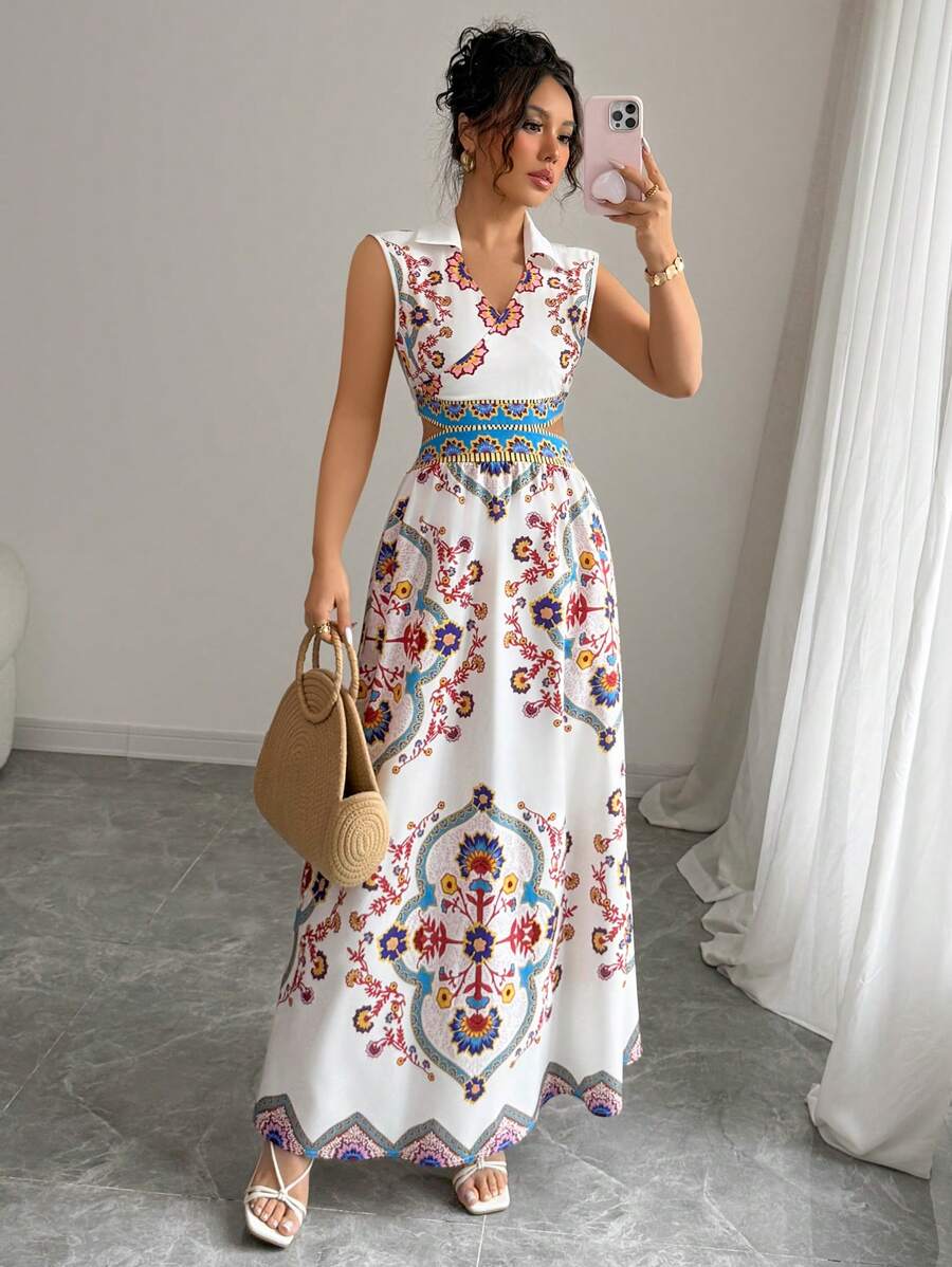 Elenzga Women's V-Neck Cinched Waist Flared Hem Casual Vacation Print Sleeveless Dress - Multicolor - View 1