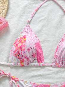 Swim Mod Printed Halter Tankini Swimsuit, Random Design For Summer Beach Vacation - Pink - View 5