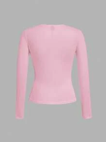 SHEIN EZwear 3件套女士休闲圆领长袖修身T恤套装，黑色，浅蓝色，浅粉色，适合春夏季 - 彩色 - 查看 4