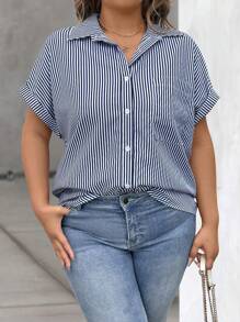 EMERY ROSE Blusa casual holgada de manga corta de murciélago a rayas para mujer de talla grande, camisa a rayas