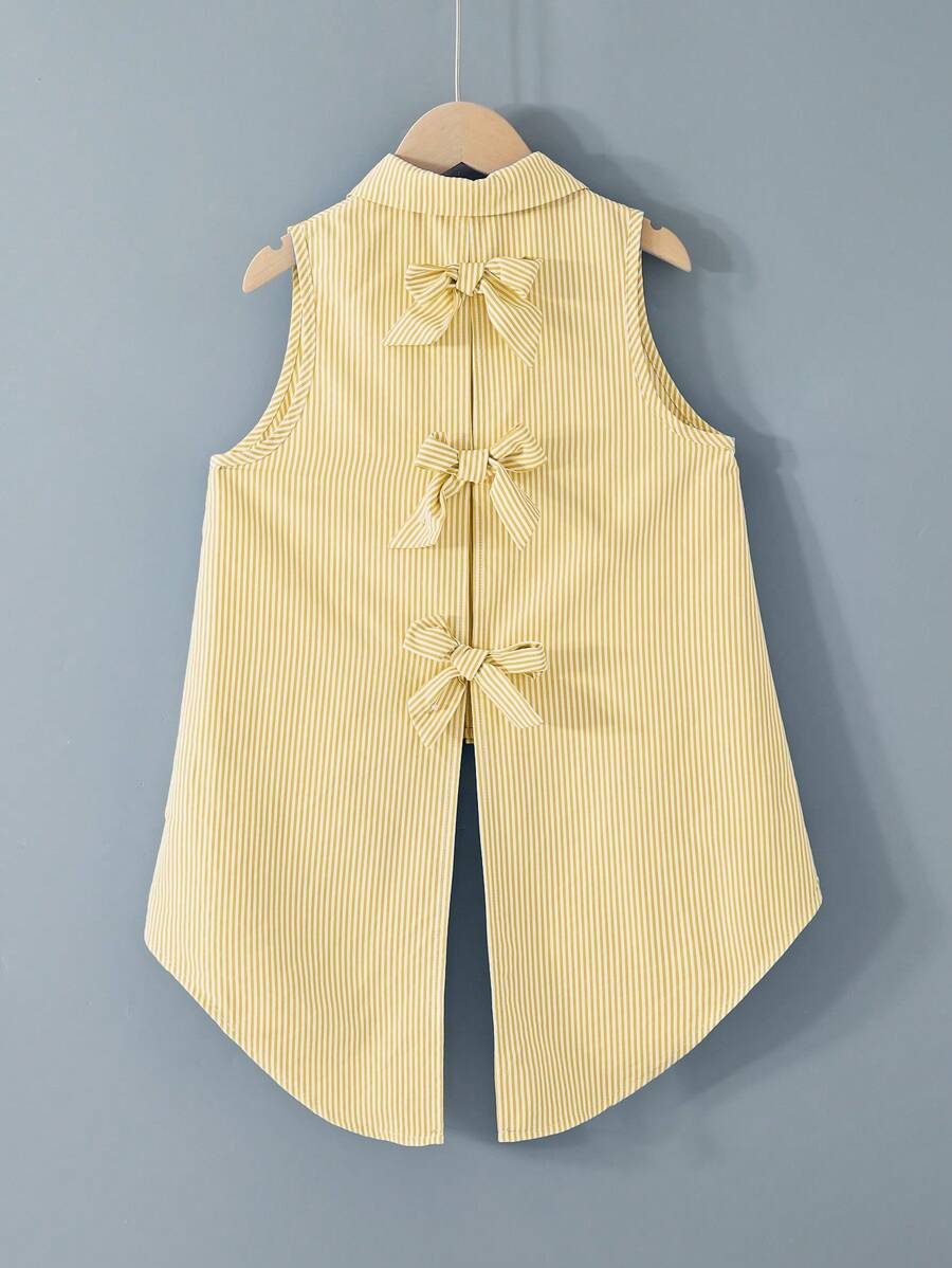 年轻女孩时尚编织条纹不对称下摆休闲衬衫 - 黃色 - 查看 1