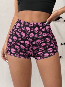 SHEIN EZwear Halloween Skeleton Print Cropped Ruched Leggings - Hot Pink - View 4