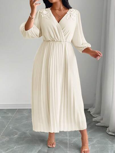 Elenzga Plus Size Women Elegant Chiffon Pleated Waistline A-Line Floral Dress