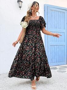 SHEIN Holidaya Đầm mùa hè tay bèo nhún cổ vuông họa tiết hoa cỡ lớn cho nữ - Nhiều màu - Xem 4