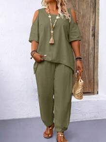 Joress Set Estivo per Donne Taglie Forti di colore solido con Top con Spalle Scoperte e Pantaloni Casual Larghi, 2 pezzi