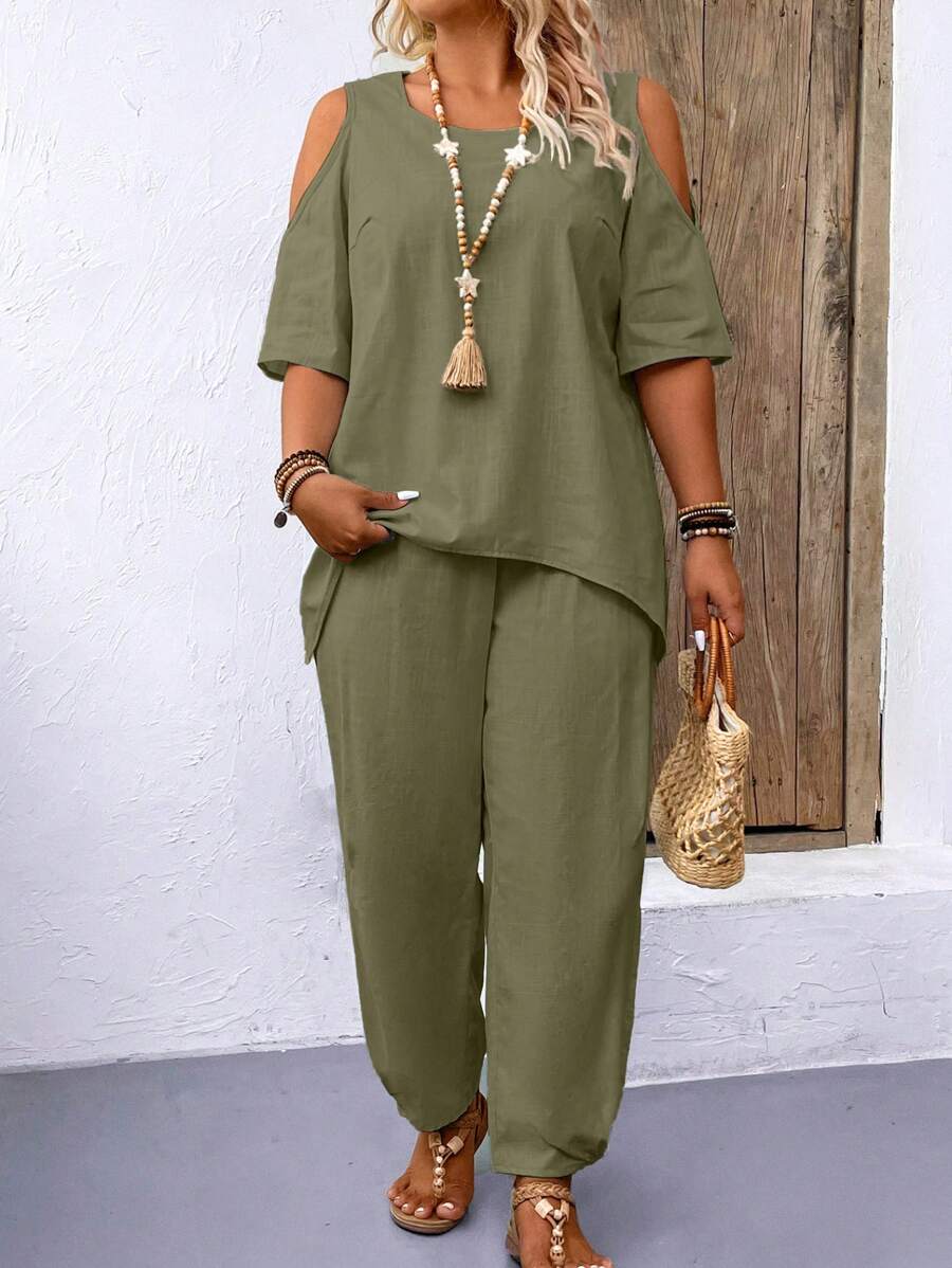 Joress Set Estivo per Donne Taglie Forti di colore solido con Top con Spalle Scoperte e Pantaloni Casual Larghi, 2 pezzi