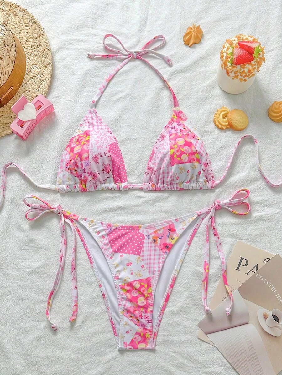 Swim Mod Printed Halter Tankini Swimsuit, Random Design For Summer Beach Vacation - Pink - View 1