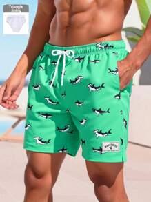Manfinity KASUA Men's Casual All-Over Print Beach Shorts,Hawaiian, Shark Swim Trunks, Men's Beachwear, Beach Shorts, Men's Vacation Swimwear - Green - View 1