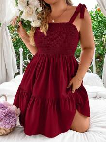 Flirla Vestido casual de talla grande con cordón de amarre en los tirantes, unicolor - Burdeos - Ver 4