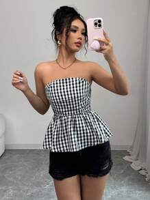 Elenzga 女士夏季格纹印花露背抹胸 - 黑與白 - 查看 5