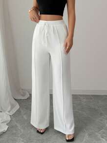Elenzga 女士夏季白色优雅腰带设计直筒裤，高品质小众设计 - 白色 - 查看 6