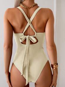 SHEIN Swim 1pc Adjustable Padded One-Piece Swimsuit, Solid Color Fashion, Suitable For Summer - Beige - View 2
