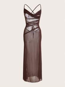 Swim Oasis Women Spaghetti Strap Mesh Overlay Ruched Backless Cover Up Dress For Summer Beach Vacation - Brown - View 1