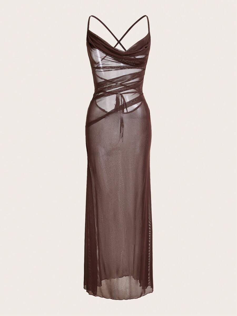 Swim Oasis Women Spaghetti Strap Mesh Overlay Ruched Backless Cover Up Dress For Summer Beach Vacation - Brown - View 1