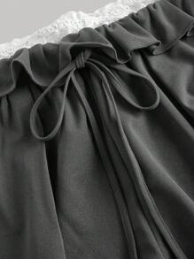 SHEIN MOD Plus Size Gray Drawstring Ruffled Lace Patchwork Waist Loose Pants,Summer Outfits For Women , Office Outfits For Women