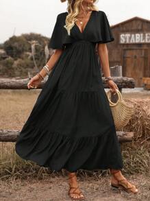 Breezaya Đầm dài tay bồng xếp nếp cổ chữ V màu trơn phong cách Bohemian cho kỳ nghỉ bãi biển dành cho nữ, mùa xuân/hè - màu đen - Xem 5
