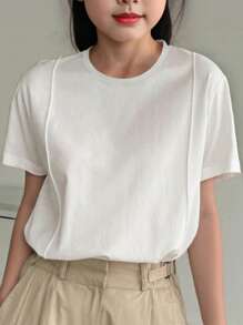 Girls' Casual All-Match Round Neck Drop Shoulder Short Sleeve Loose Solid Color White Versatile Pullover T-Shirt - White - View 1