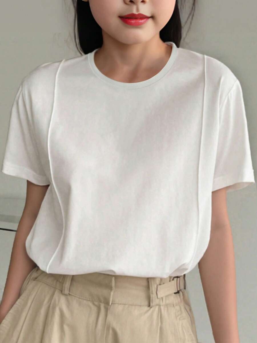 Girls' Casual All-Match Round Neck Drop Shoulder Short Sleeve Loose Solid Color White Versatile Pullover T-Shirt - White - View 1