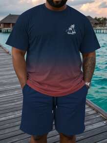 ResortEase Plus Size Men's Gradient Coconut Tree Printed T-Shirt And Shorts Set, Vacation