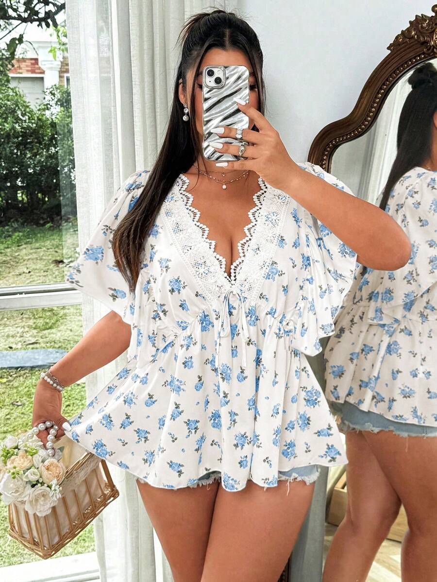 Flirla 大码女式 V 领花卉拼接荷叶边 A 字形喇叭袖优雅复古碎花衬衫，浪漫度假装