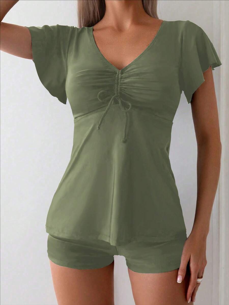 SHEIN Swim 女士纯色抽绳腰荷叶边袖坦基尼两件套泳衣,非常适合度假 - 橄欖綠 - 查看 1