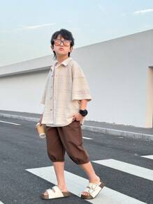 SHEIN 1 Piece Tween Boy Casual Sports College Artistic Style Retro Japanese And Korean Loose Version With Textured Fabric Lapel Shirt Suitable For Back To School Suitable For Birthday Parties, Evening Parties, Performances, Weddings, Baptisms, Opening Ceremonies Daily Suitable For Daily Use Suitable For School Suitable For Travel Suitable For Sports Suitable For Spring And Summer Seasons