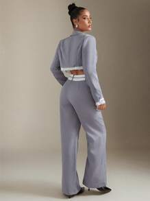 Hauture Cropped Blazer With Hem Detail & Trousers Two Pieces Set - Grey - View 3