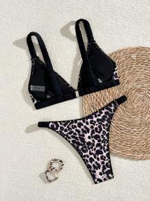 SHEIN Swim 2pcs/Set Leopard Print Triangle Bikini With Adjustable Straps, Sexy Swimsuit Set For Summer Beach Vacation - Black - View 5