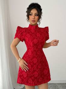 Elenzga 女式夏季复古红色纹理面料泡泡袖优雅高领背面纽扣蝴蝶结撞色镂空腰部修身独特设计迷你连衣裙 - 紅色 - 查看 6