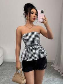 Elenzga 女士夏季格纹印花露背抹胸 - 黑與白 - 查看 1