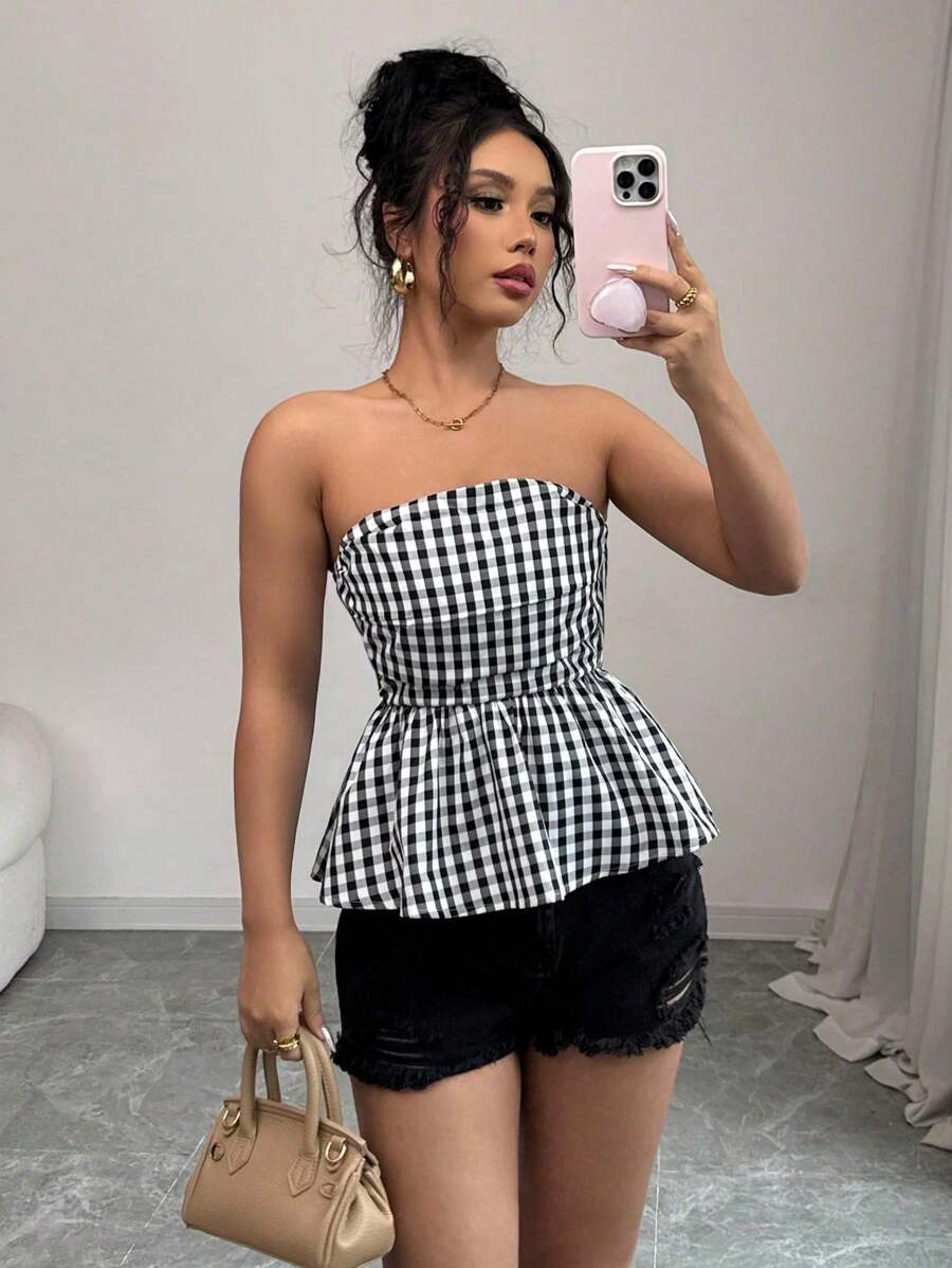 Elenzga 女士夏季格纹印花露背抹胸 - 黑與白 - 查看 1