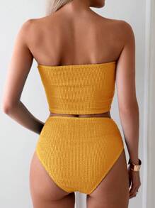 Swim Basics Women's Summer Beach Vacation Solid Color Textured Bandeau Bikini Set - Yellow - View 2