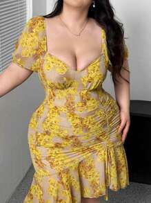 Flirla 大码女式优雅不对称荷叶边下摆连衣裙 - 黃色 - 查看 5