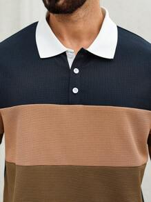 Manfinity Homme Plus Size Men's Casual Contrast Color Button Half-Placket Short Sleeve Polo Shirt, Summer - Multicolor - View 4