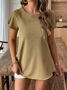 SHEIN LUNE Women's Patchwork Loose Shirt Short Sleeve Solid Color Round Neck Simple Fashionable, Suitable For Summer - Army Green - View 5