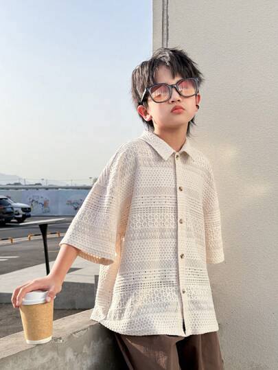 SHEIN 1 Piece Tween Boy 休闲运动学院艺术风格复古日韩宽松版带纹理面料翻领衬衫适合返校适合生日派对、晚会、表演、婚礼、洗礼、开幕式日常适合日常使用适合上学适合旅行适合运动适合春夏季节