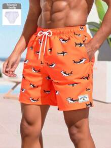 Surfspeed Men's Shark Print Drawstring Waist Casual Beach Shorts,Hawaiian - Orange - View 1