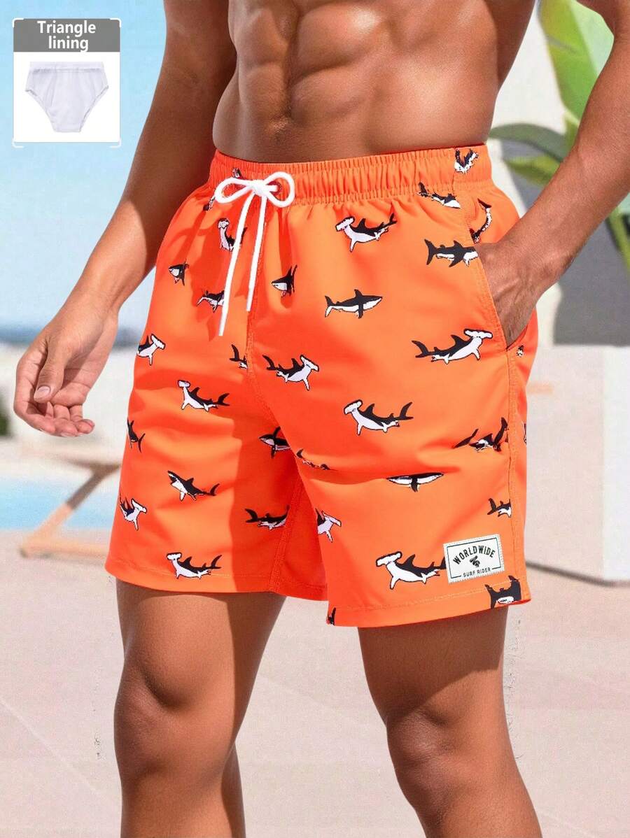 Surfspeed Men's Shark Print Drawstring Waist Casual Beach Shorts,Hawaiian - Orange - View 1