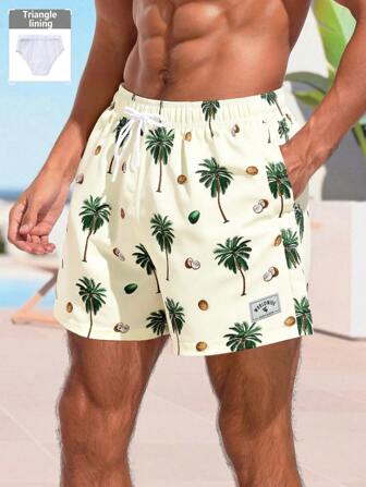 Manfinity VDAYZ Guys Coconut Tree Print Letter Patch Detail Drawstring Waist Swim Trunks