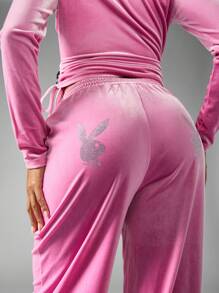 Missguided x Playboy X Premium Athleisure Jogger Pants Ruched Side Drawstring High Rise Wide Leg Loungewear Gym Training Sports Fall Winter - Pink - View 4