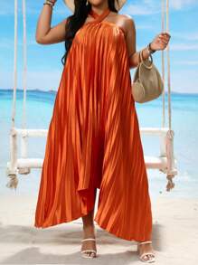 SHEIN Clasi Plus Size Pleated Strap A-Line Dress For Women, Vacation Wear - Orange - View 6