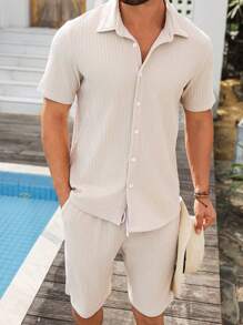 Manfinity RSRT 2pcs/Set Men's Solid Textured Fabric Button Down Short Sleeve Top And Shorts Set, Stylish Daily Casual, Vacation Shirts, Seaside Beach Vacation, Summer Shirts Casual Button Down Shirts, Gifts For Husband And Boyfriend