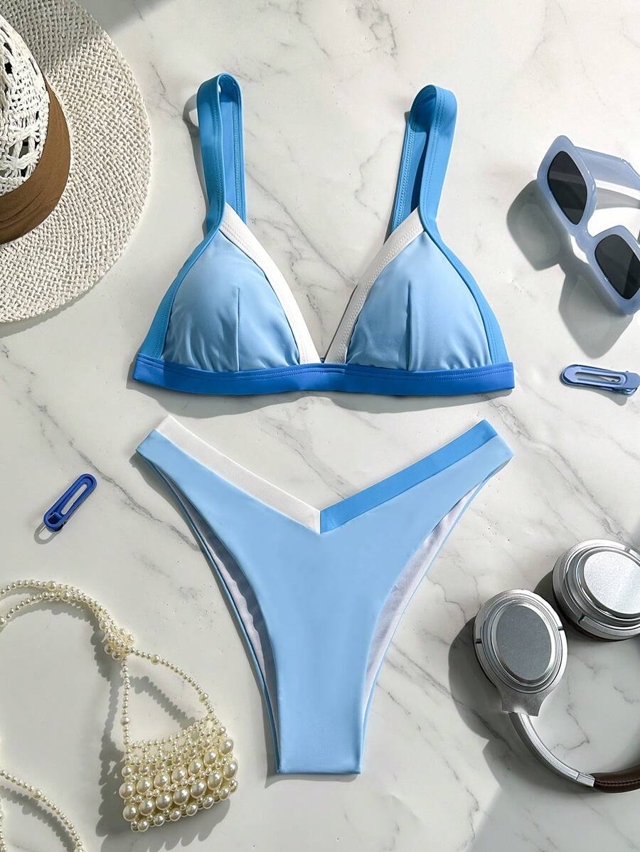 SHEIN Swim 2 Pieces Color Block Swimwear For Women, Swimwear Set For Swimming, Hot Spring Vacation For Summer - Blue - View 1