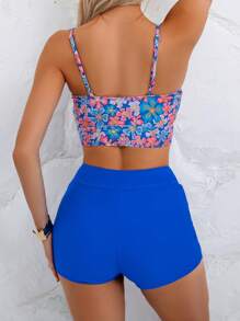 Swim Lushoire Tankini de primavera para mujer con tirantes ajustables, Bottom tipo braga de unicolor y talle alto, camiseta de tirantes tipo tankini casual para vacaciones en la playa, versátil para fiestas en la piscina - azul real - Ver 2