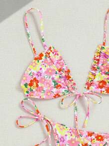 SHEIN Swim 2pcs Women's Summer Beach Floral Print Tie Front Top & Tie Side Bottoms Bikini Set, Suitable For Vacation - Multicolor - View 3