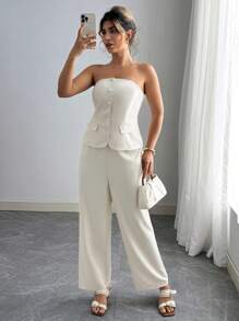 SHEIN PETITE 2pcs Plus Size Women Woven Solid Color Casual Fashion Button Decor Cold Shoulder Camisole Top And Straight Leg Pants Set - Apricot - View 3