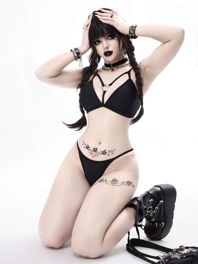 Goth Gothic Heart Metal Decor 2 Pieces Bikini Set, Halloween